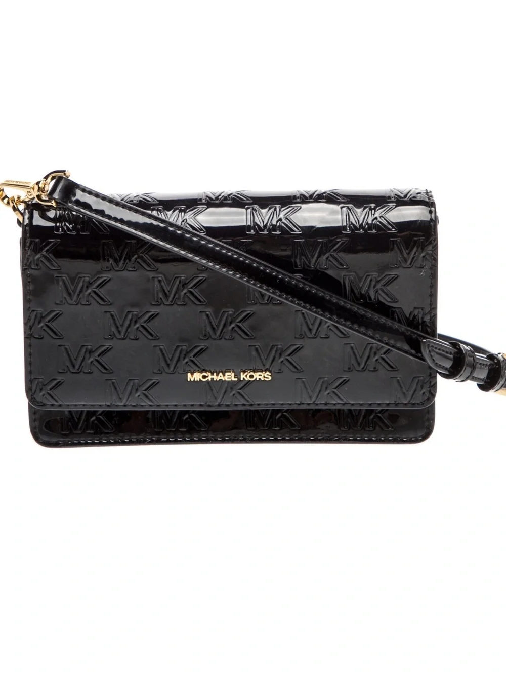 Michael Kors Black Patent Embossed MK Crossbody Wallet with Gold Hardware